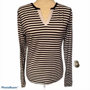 PINK PINEAPPLE TOP TEE LONG SLEEVE BLUE WHITE STRIPE Size M